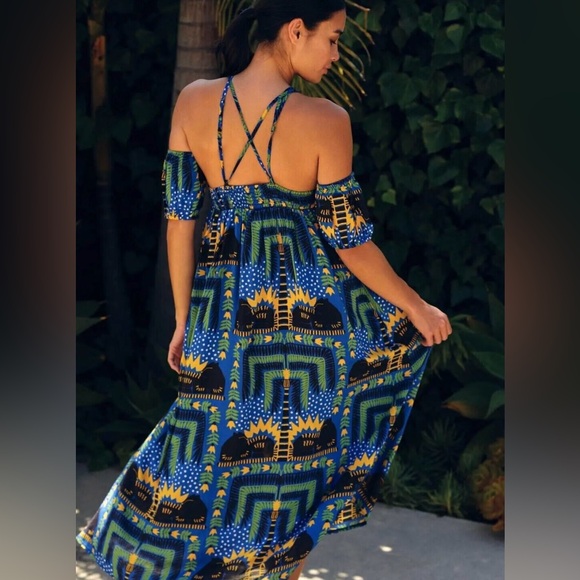 NWOT Anthropologie Incerti Bandeau Whimsical Cat Blue Maxi Dress Size M. - Picture 2 of 3